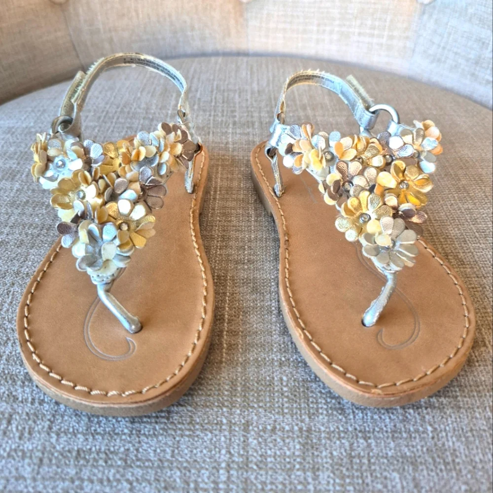 Seven 7 Girl's Shoes Gold & Silver Floral Embellished Slingback Sandals Size 8
